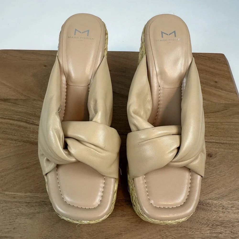 Womens Marc Fisher LTD Navina Slip On‎ Nude Leather Espadrille Wedges Size 10 M